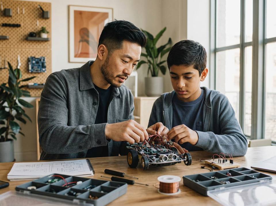 A robotics mentor and a child building a small robot together at a sunlit table
